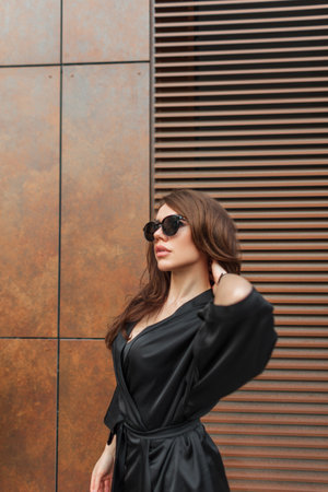 Cool trendy stylish lady with fancy sunglasses in a fashion black dress walking in the city and fixing her hair against a rusty metal wall. Pretty woman in urban elegant outfitの写真素材