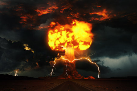 Terrible explosion of a nuclear bomb with a mushroom with clouds and storm with thunderstorms in the dark. Hydrogen bomb test. nuclear catastrophe. Road to nuclear explosionの写真素材