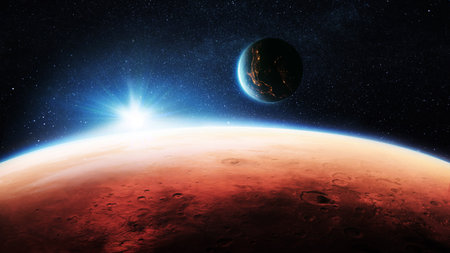 Mars, the red planet with detailed surface features and craters with amazing sunset in deep space. Blue Earth planet with lights in outer space. Mars and earth conceptの写真素材