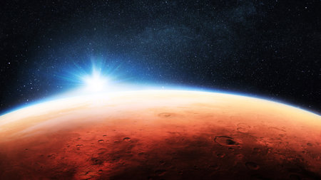 Amazing red planet Mars with craters and beautiful blue sunset in space with stars. new planet mars. Travel to Mars, creative ideasの写真素材