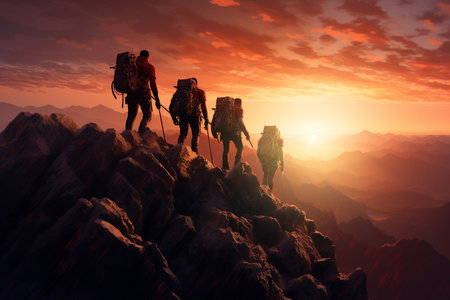 Team people climbing together on top of a mountain at sunset. Business and success, creative idea. Teamworkの素材