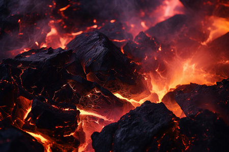 Hot coals with sparks burn in the darkの素材