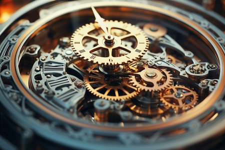 Macro clock with gears and mechanisms, creative idea. Teamwork. Vintage watchの素材