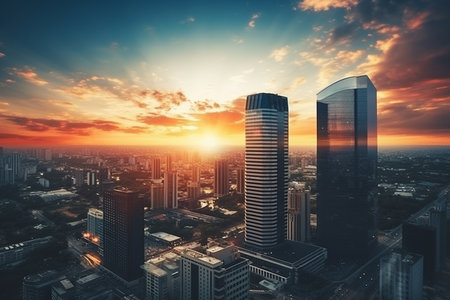 Modern city with business and office buildings at sunset, creative idea. Megapolis, conceptの素材