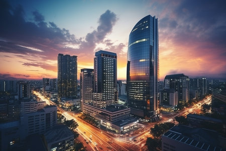 Beautiful modern city with business buildings at sunset. Urban lifestyle. Road and trafficの素材