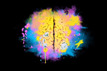Creative brain explodes with splashes of pink, blue and yellow paint on a black background, concept. Creative idea and brainstorm. Artist thinking and creative processの写真素材