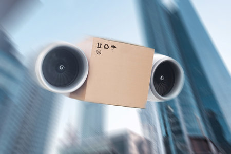 Super fast and safe delivery, creative idea. Paper box package with turbines flies in the sky in the...