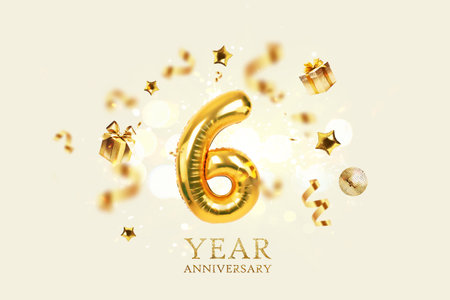 Gold festive balloons 6 year anniversary with golden confetti, presents, mirror ball and stars fly on a beige background with bokeh lights and sparks. Birthday luxury six card, a creative ideaの写真素材