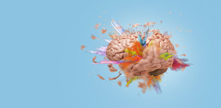 Creative brain explodes with paint splashes on blue background, concept. Think differently and brainstorm, a creative idea. The mind and the generator of creativityの写真素材