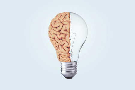 Creative idea, concept. Half a light bulb and half a brain, concept. Think, people. Brainstorming and creativity. Fresh thoughtの写真素材