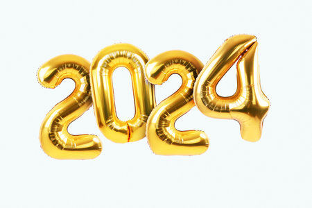 Happy new year 2024 metallic gold foil balloons on a white background. Golden helium balloons number...