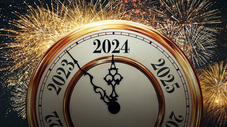 Beautiful vintage clock points for the new year 2024 with golden fireworks, concept. Happy new year 2024, creative idea. Celebration card. Christmas Eve nightの写真素材
