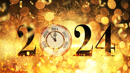 New Year 2024 with golden bokeh lights, fireworks and confetti, concept. Vintage clock points to...