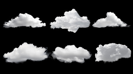 White clouds isolated on black background. Set of beautiful quality clouds. Cloud packの写真素材