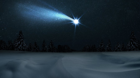 Christmas night. The first star lit up in the winter forest with snow and the night starry sky. Christmas Eve concept. Comet falls in the starry night sky 2024の写真素材