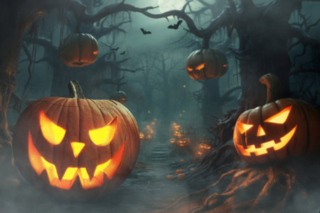 Scary halloween dark park with pumpkins and trees in the night. Halloween, concept. Glowing pumpkinの写真素材