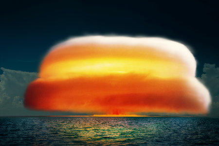 Powerful nuclear explosion in the ocean. Nuclear bomb explosion with radioactive mushroom cloud and fire. Hydrogen explosion in sea. Radiation and disaster. World nuclear warの写真素材