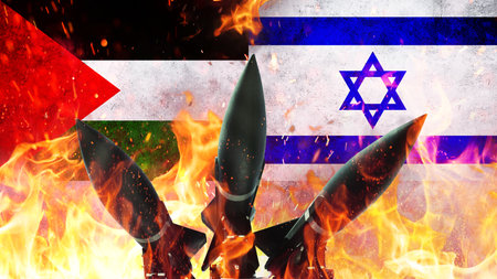 Three missiles weapons rockets with fire, concept. War in Israel and Palestine. Armed conflict. Israel and Palestine flag. Gaza Strip. Horrible Deaths and Terrorの写真素材