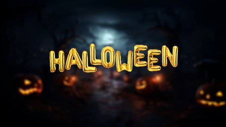Golden Halloween balls in a scary night with moon and pumpkins, concept. Happy Halloween, creative idea.の写真素材