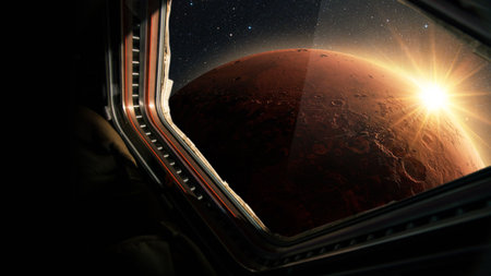 Spaceship flies near the amazing red planet Mars, view from the window. Travel and tourists in space, concept. Beautiful space view of the Mars with sunset. Hotel in spaceの写真素材