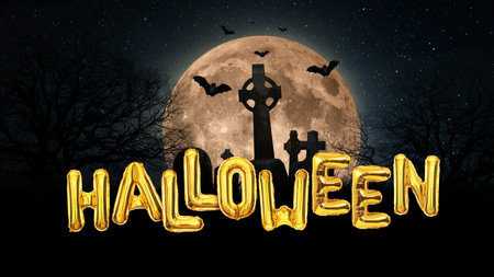 Golden Halloween balloons. Scary night landscape with red full moon, graveyard with crosses, bats and trees at midnight Halloween. Scary dark wallpaper, conceptの写真素材