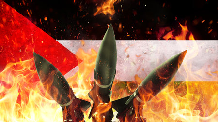 Palestinian flag and missile weapons on fire with sparks, concept. War in Palestine and the Gaza Strip. Hamas terror civiliansの写真素材