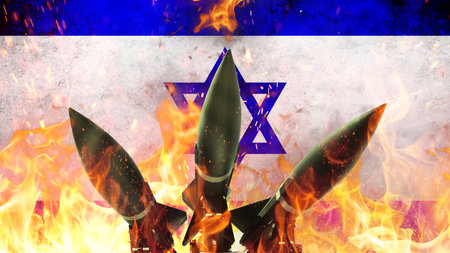 Shock missiles weapons and air defense on a background of Israel flag with fire and sparks, concept. War in Israel. Hamas terror attacksの写真素材