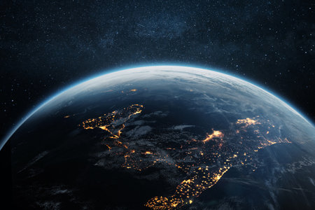 Beautiful blue planet Earth with night lights of Italian cities in starry space. Technology and science, concept.の写真素材