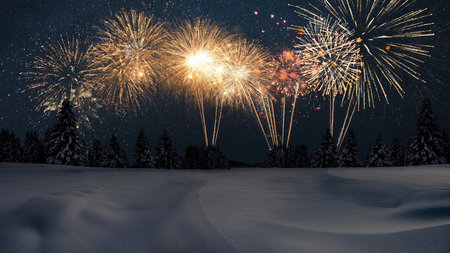 Amazing winter with snow, forest and starry sky with fireworks at night. New Year's and Christmas...