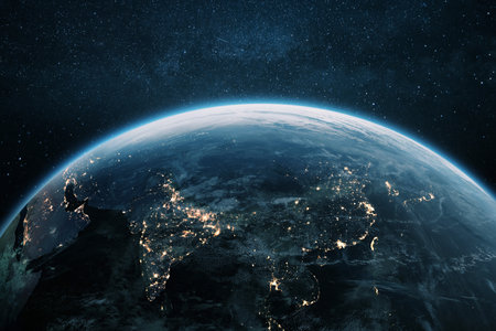 Beautiful planet Earth with night lights of Asian cities views from space. Amazing night planet Earth in view of India, China, Korea and Japan. Development, economics and technology, conceptの写真素材