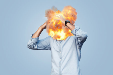 Creative business man with head explosion, creative idea. Stressed, angry and irritated, concept. Bad mood. Panic and investment. Bossの写真素材