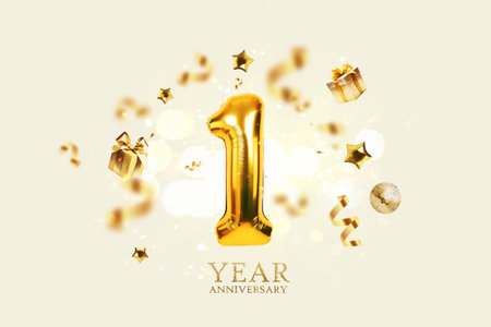 Gold festive balloons 1 year anniversary with golden confetti, presents, mirror ball and stars fly on a beige background with bokeh lights and sparks. Birthday luxury one card, a creative ideaの写真素材