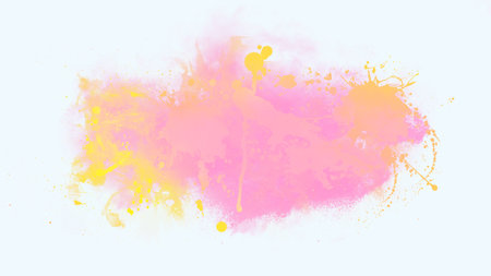 Creative colored pink and yellow paint splatters on a pastel blue background, creative idea. Color, concept. Brush stroke. Free copy space for textの写真素材