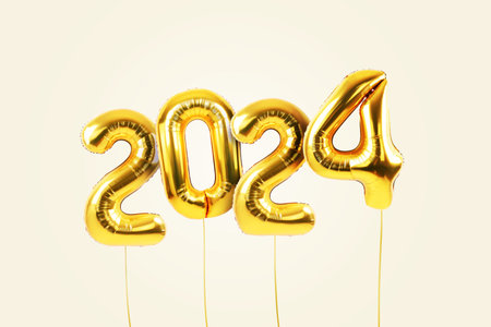 Happy new year 2024 metallic gold foil balloons flying on a beige background. Golden helium balloons number 2024 New Year.の写真素材