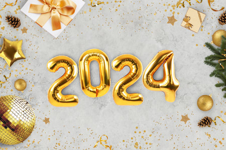 New Year golden balls 2024 luxury on a gray concrete table with gifts, golden disco ball, Christmas tree branches and confetti, top view. New Year 2024 card, creative ideaの写真素材