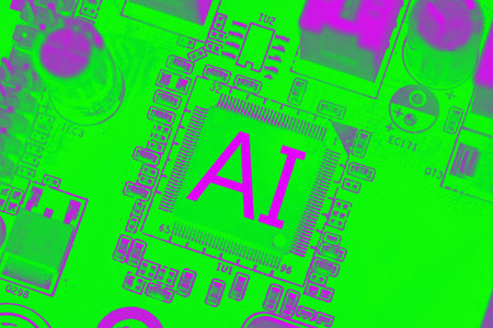 AI, creative idea. Chip and artificial intelligence with green and pink color, concept. Chip and computer hardware, close-up. Motherboard with transistorsの写真素材