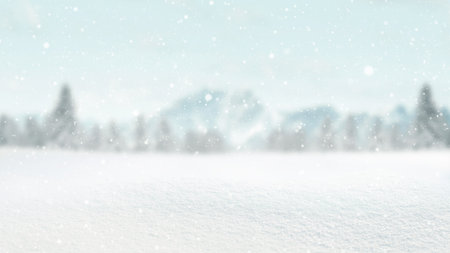 Beautiful winter with snow in a field with forest and mountains bokeh background. Winter card and free space for designの写真素材