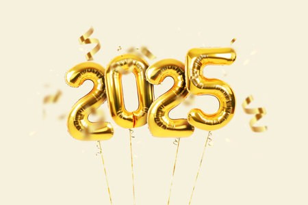 Golden balloons 2025 with golden ribbon with confetti flying on beige background, concept. New Year, creative idea cardの写真素材