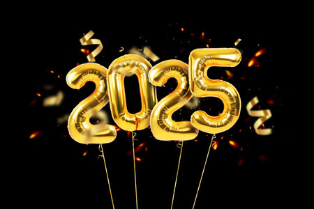 Golden balloons 2025 with golden ribbon with confetti flying on black background, concept. New Year, creative idea cardの写真素材