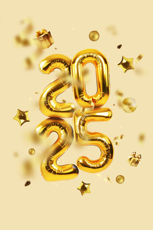 Premium golden balloons 2025 with confetti, gifts, pine cones and stars on a beige background. New Year vertical cardの写真素材