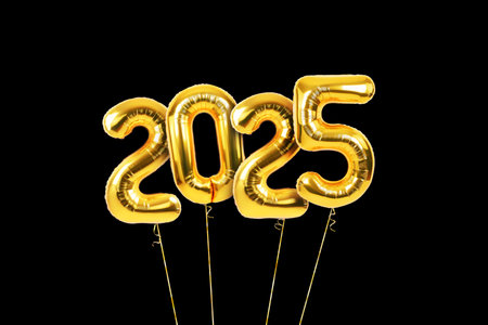 Festive golden New Year 2025 balls flying on black background. Vintage numbers 2025.の写真素材