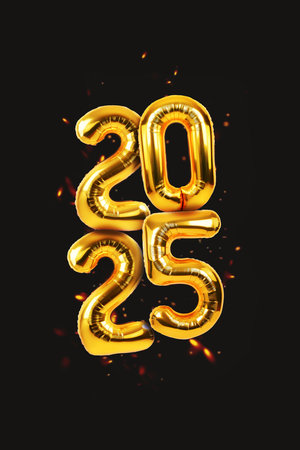 Golden balloons 2025 on black background with sparkles. New Year 2025 vertical cardの写真素材