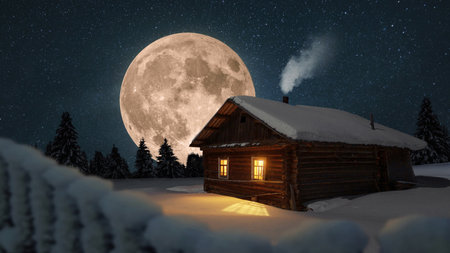 Old wooden house in snowy forest at night with full moon. Magic Christmas Eve and New Year card, conceptの写真素材