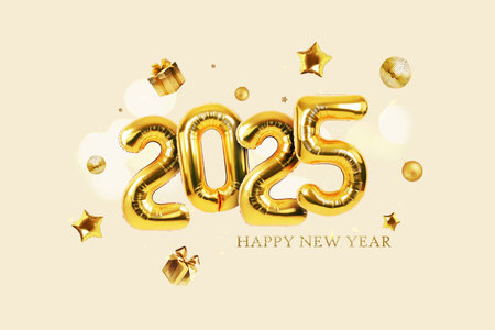 Golden balloons 2025 with gold mirrored balloon party, stars, gifts and sparks on a light beige background. Happy New Year 2025 creative.の写真素材