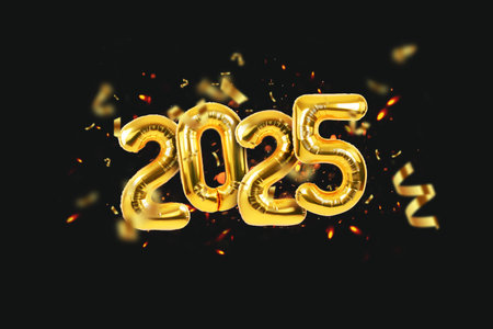 Golden balloons 2025 New Year with sparks and confetti hover on black background. Happy New Year 2025 card.の写真素材