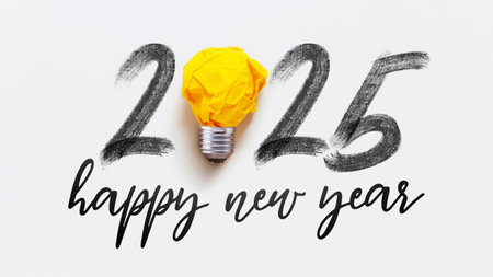 Creative 2025 Happy New Year with light bulb yellow crumpled paper on white background, concept. Think different, creative idea.の写真素材