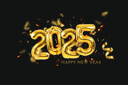Golden balloons 2025 New Year with sparks and confetti hover on black background. Luxury Happy New Year 2025 card.の写真素材
