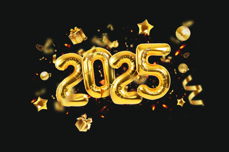 Golden balloons 2025 with confetti, gold mirrored balloon party, stars, gifts and sparks hover on a black background. Happy New Year 2025 creative.の写真素材
