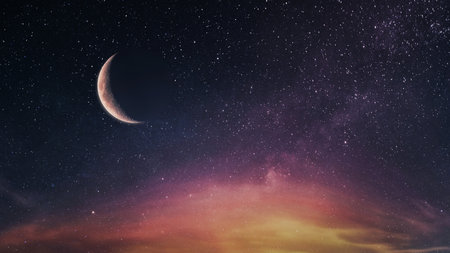 Beautiful moon on the starry sky with clouds after sunset. Stars and moon wallpaperの写真素材