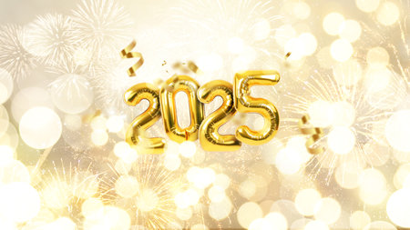 Gold luxury balloons 2025 on golden bokeh background with fireworks and sparks, creative idea. New Year 2025 cardの写真素材